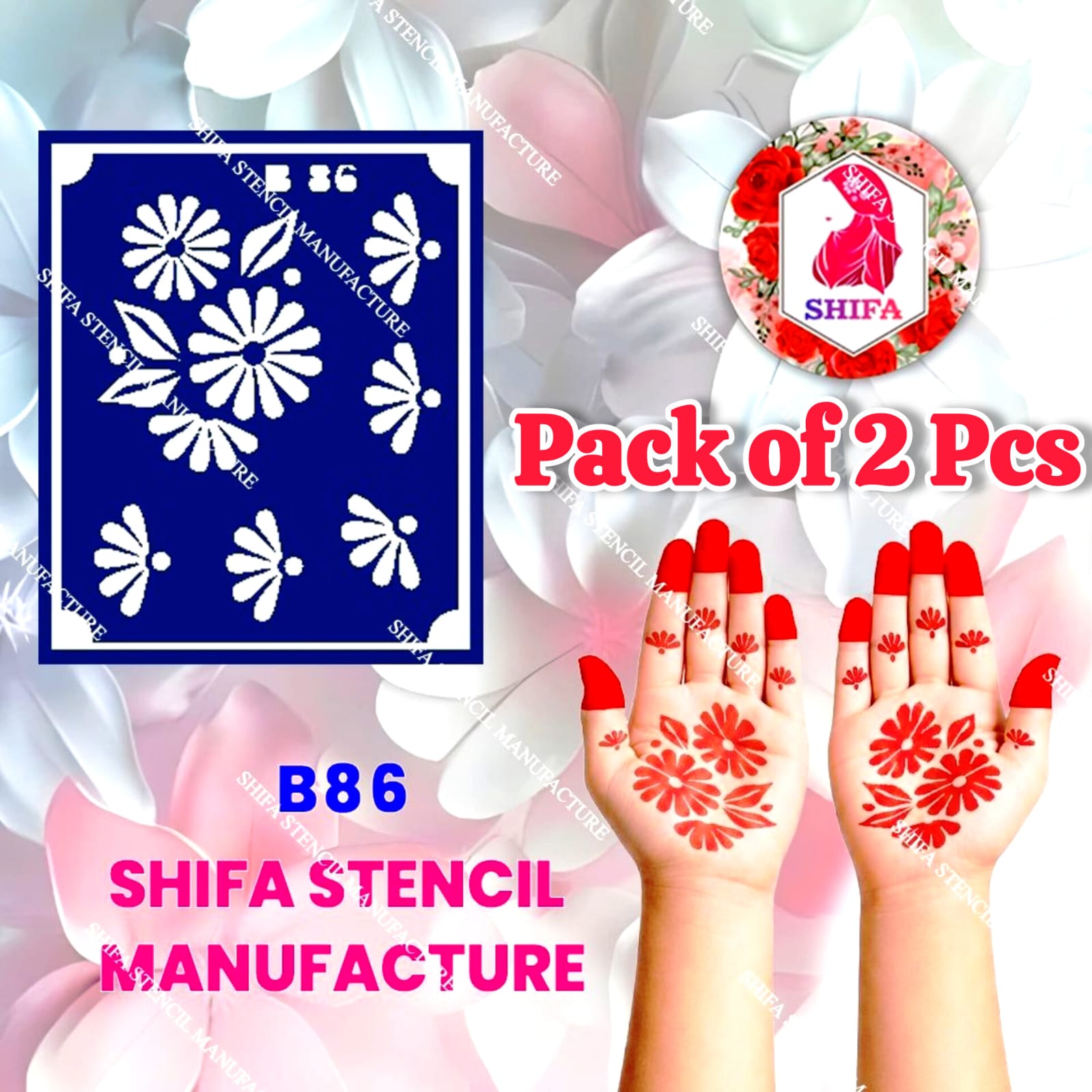 B86 (age 5 to 10) Daisy Bloom Delight Double Hand Henna Stencil - Shifa Stencil